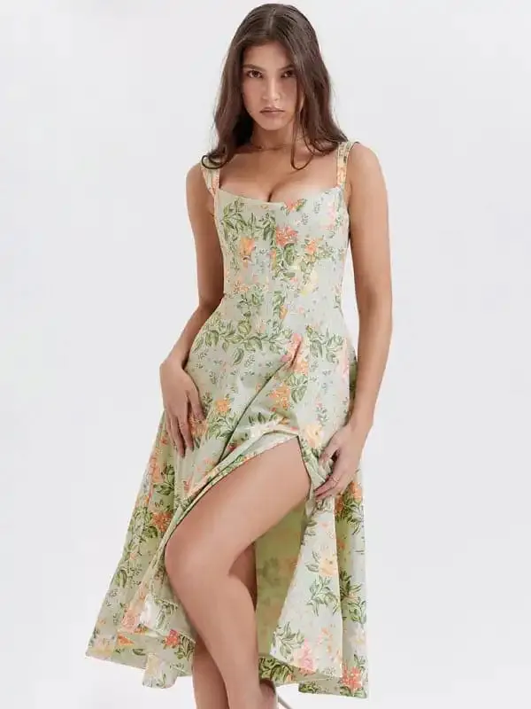 Women’s Slim Suspender Sexy Slit Floral Dress