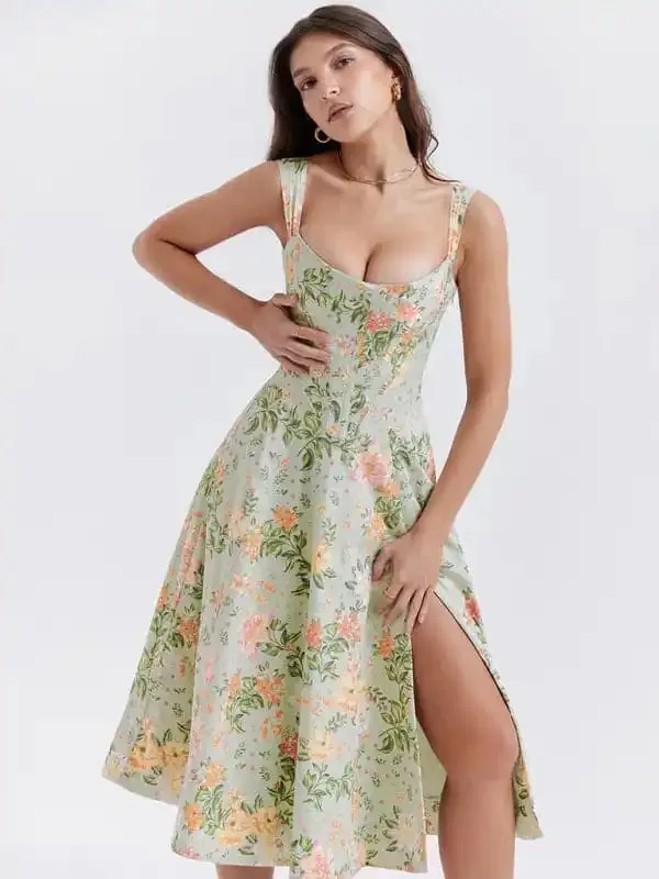 Women’s Slim Suspender Sexy Slit Floral Dress