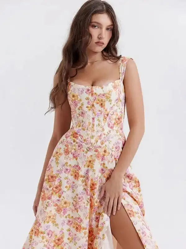 Women’s Slim Suspender Sexy Slit Floral Dress