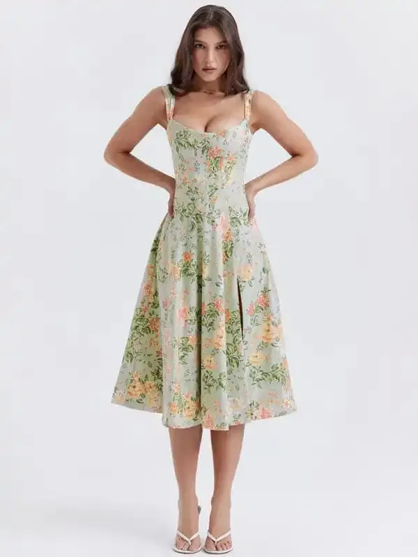 Women’s Slim Suspender Sexy Slit Floral Dress
