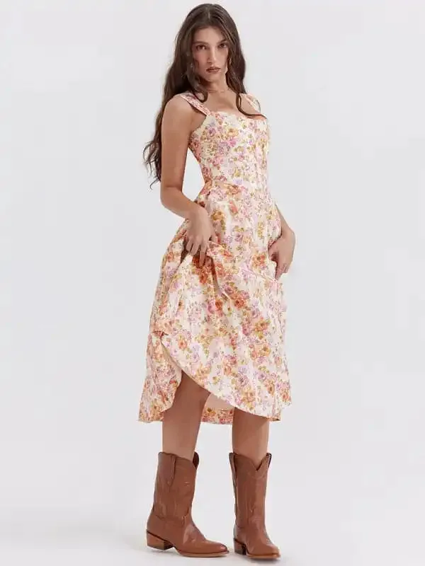 Women’s Slim Suspender Sexy Slit Floral Dress