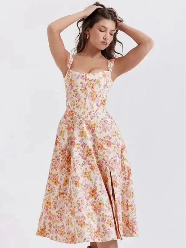 Women’s Slim Suspender Sexy Slit Floral Dress