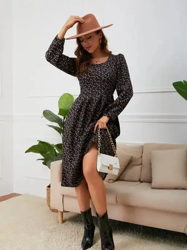 Women’s square neck floral hem dress
