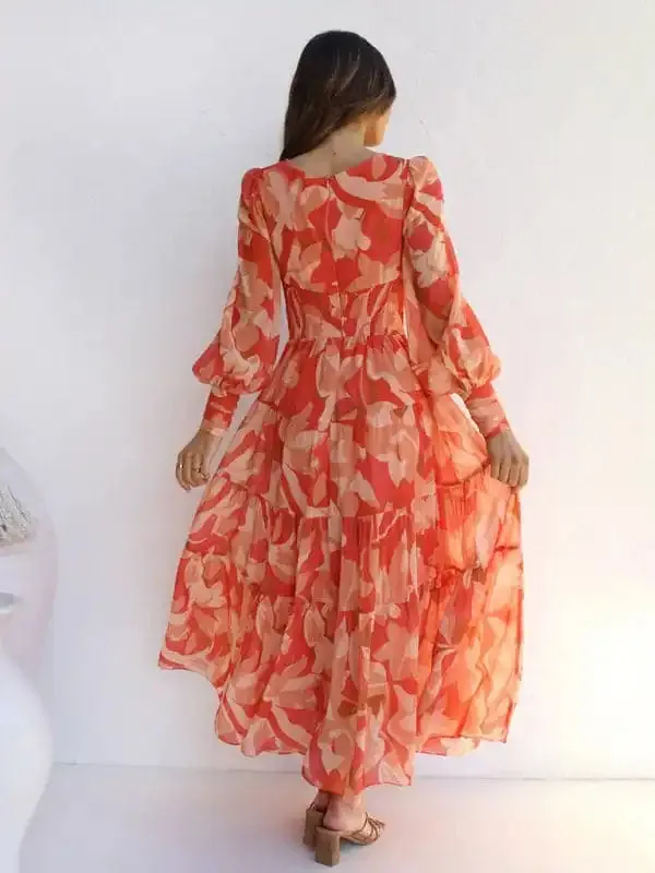Women’s V-neck long-sleeved floral long-sleeved dress