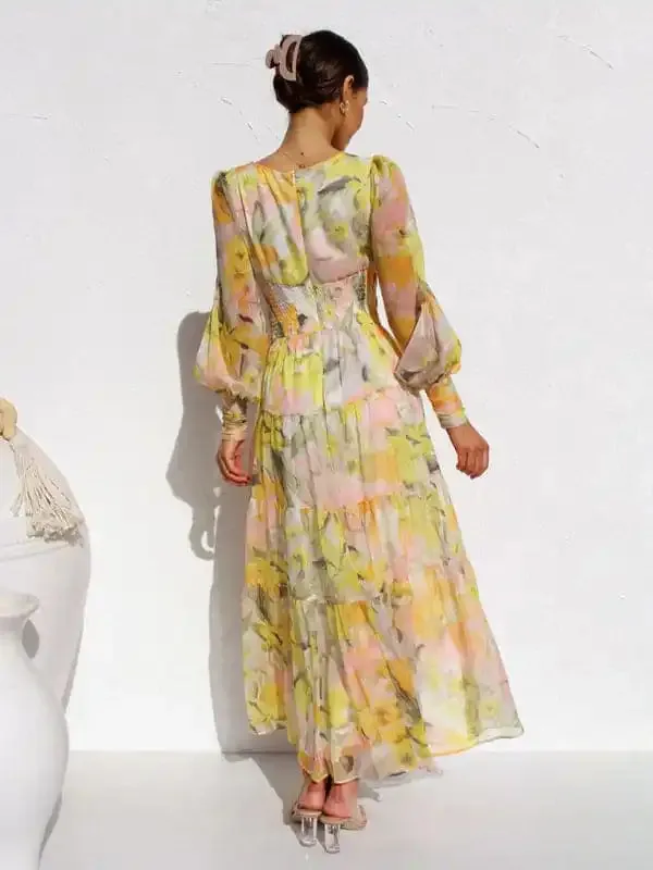 Women’s V-neck long-sleeved floral long-sleeved dress