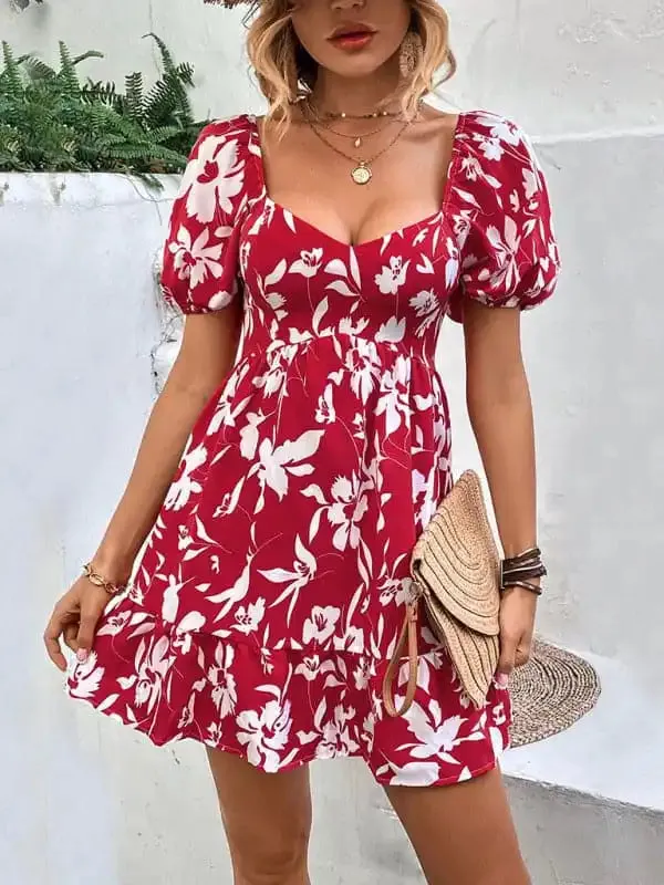 Women’s Woven French Vintage Sweetheart Neck Print Dress