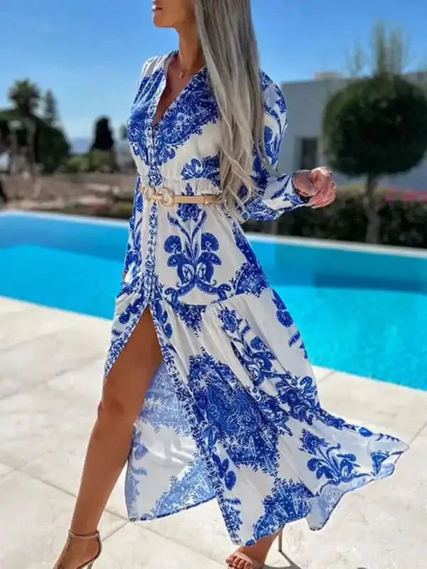 Women’s Woven Loose Vintage Style Vacation Long Sleeve Dress