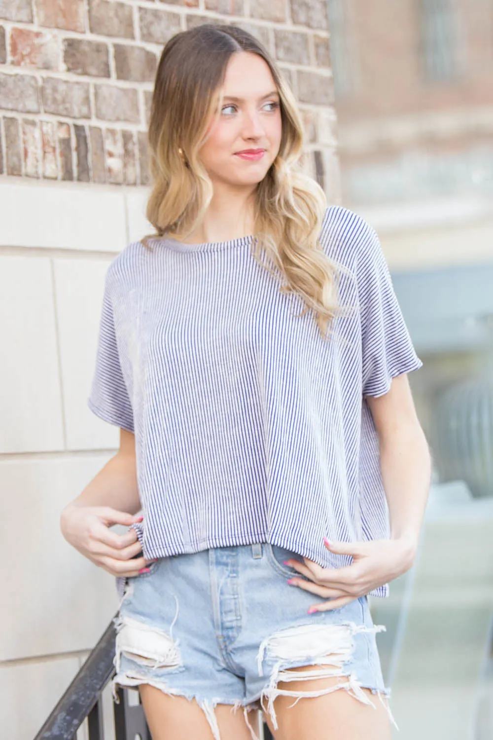 Zenana-Ribbed Striped Oversized Short Sleeve Top