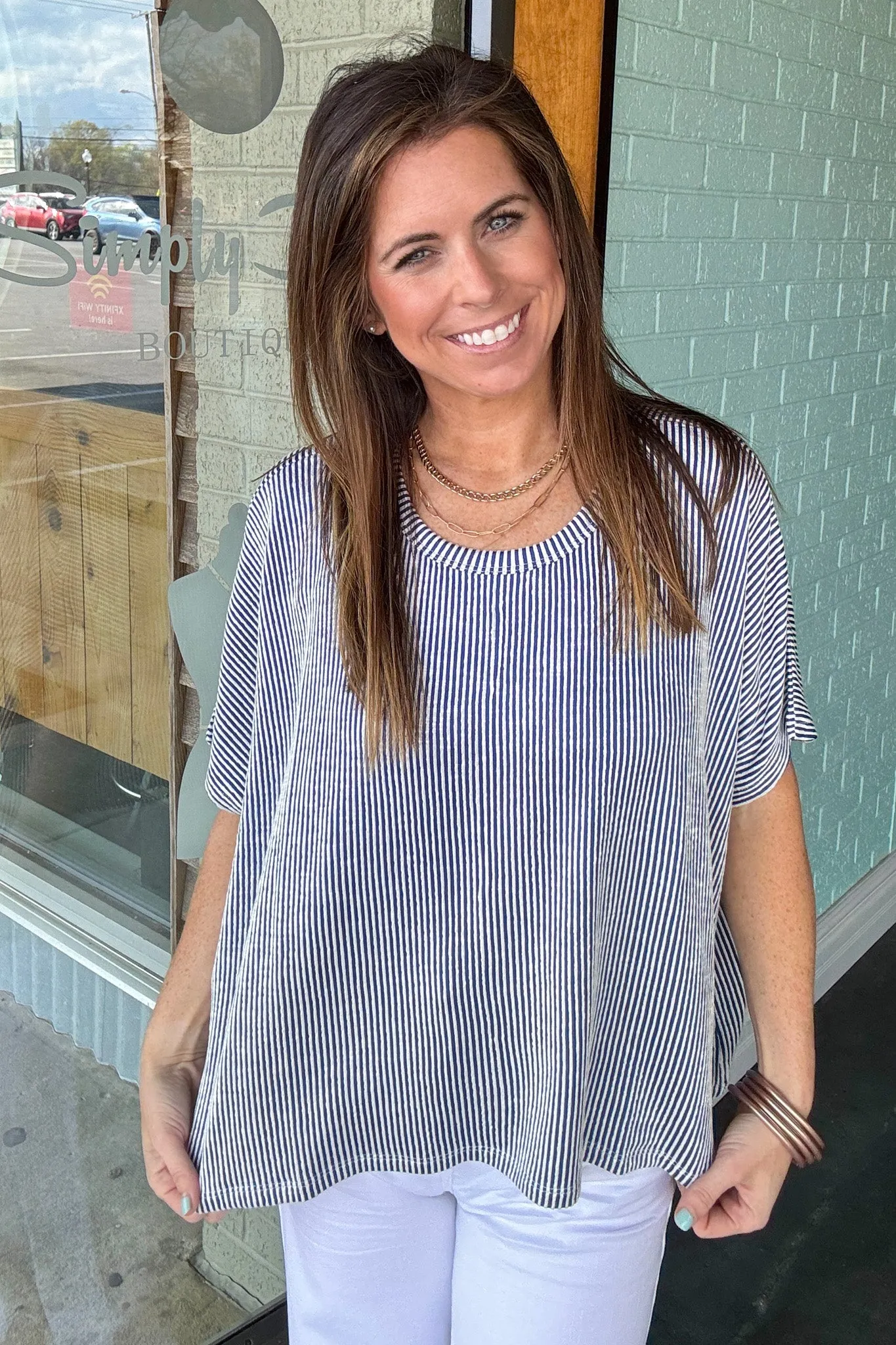Zenana-Ribbed Striped Oversized Short Sleeve Top