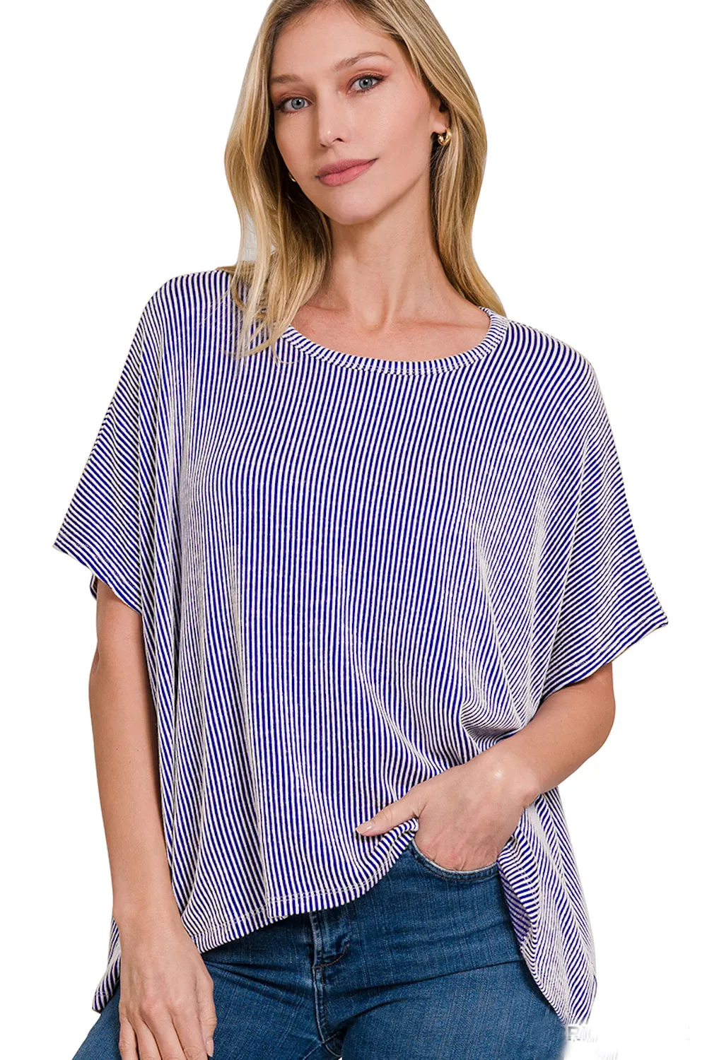 Zenana-Ribbed Striped Oversized Short Sleeve Top