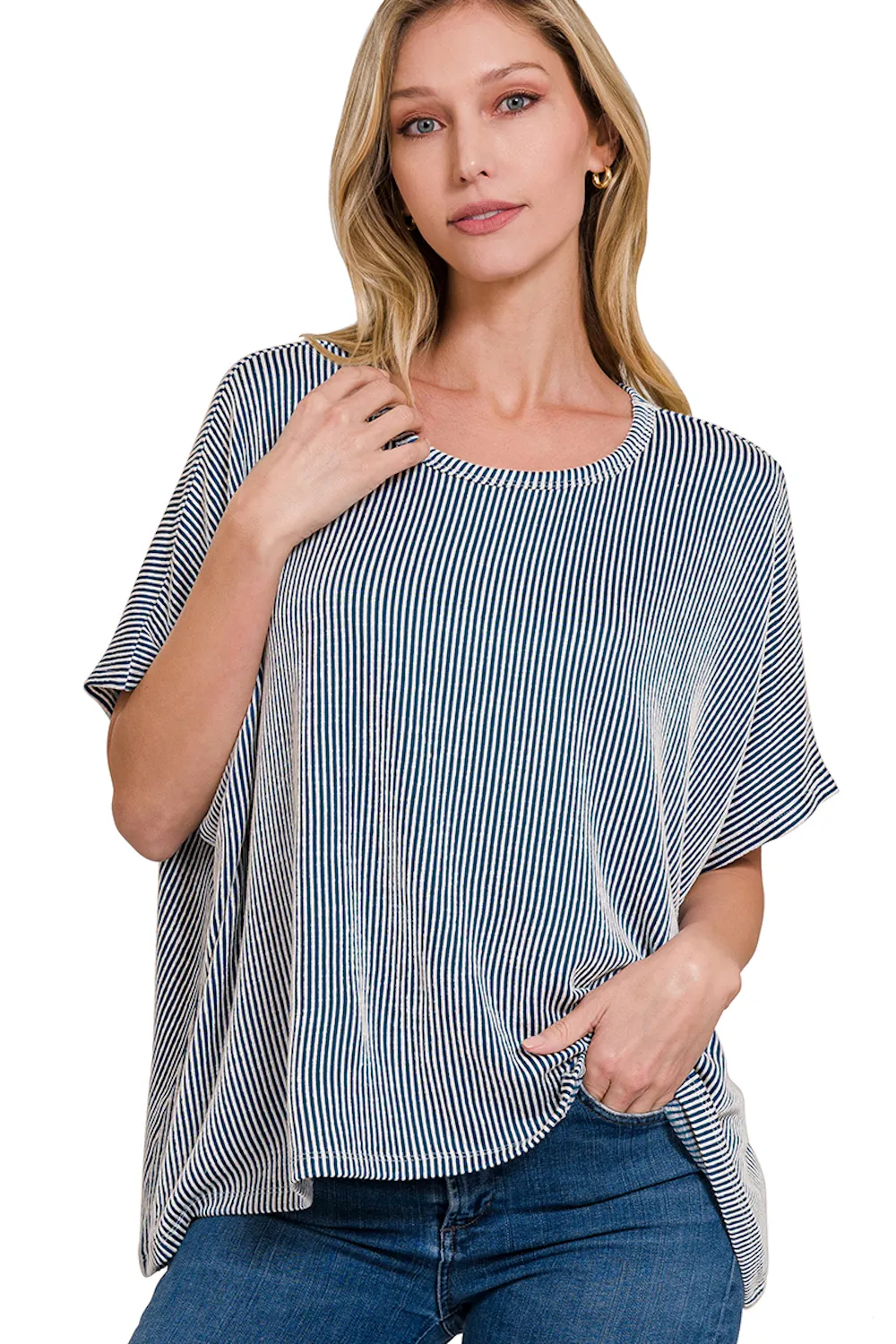 Zenana-Ribbed Striped Oversized Short Sleeve Top